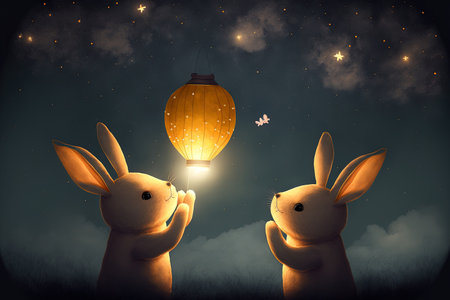 Cute rabbit pair releasing wish filled sky lanterns into the night sky also known as the Mid Autumn Festivalの素材