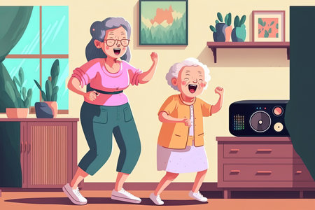 Asian humorous elderly mom dances in the living room with her kid. Attractive attractive woman and wise grandmother are content to spend time at home and enjoy listening to music on weekendsの素材