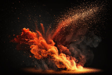 Burning red hot sparks fly from big fire. Beautiful abstract background on the theme of fire. Burning coals flaming particles flying off against black backgroundの素材