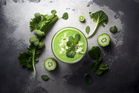 Green smoothie with kale and cucumber served in a glass against a concrete wall. Juice made from fresh green peas cucumber radish spinach and lime for detoxification. vertical photo A look down fの素材