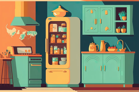 Interior of a cozy colored kitchen with a refrigerator a stove and cabinets for dishes. cartoonish flat drawing in a formatの素材