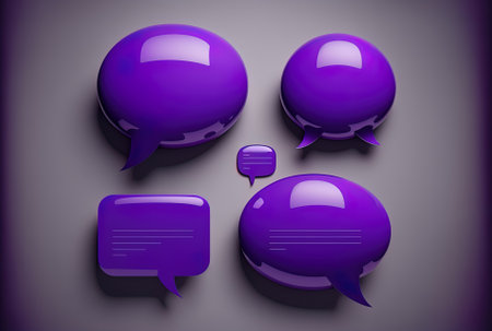 Isolated purple bubble conversations on a gray background. Speech bubbles dialogue and messenger forms are glossy purple. social media or website iconsの素材