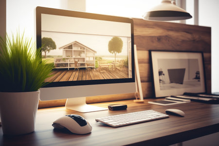Architect photographer designer desktop concept camera on wooden work desk with screen showing interior design project blurred scene in the background classic bedroom idea template illustrationの素材
