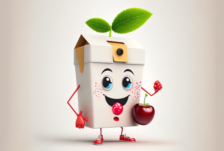 On a white backdrop a cartoon figure mascot holding a leaf and a fresh cherry fruit appears on a blank milk or juice carton box.の素材