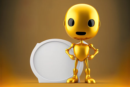 On a background of yellow there is a golden prize trophy a mascot character and a white blank banner with space for your design.の素材
