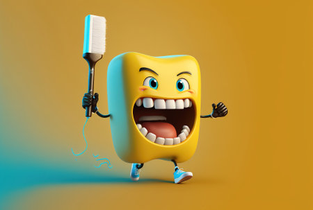 Character mascot with white teeth using a brand new electric toothbrush while charging it over a yellow backdropの素材