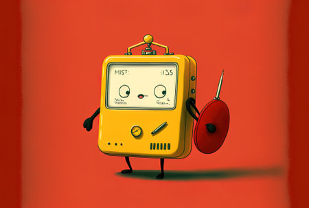 Character mascot for the alarm clock featuring a red plastic clipboard paper and pencil against a yellow backdrop.の素材