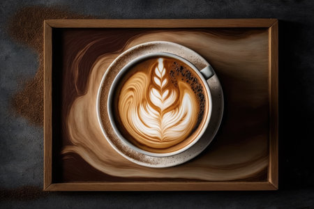 Beautiful latte art on a cup of espresso with a wooden space background. modern toning. minimalist design with a hipster flair. Flat lay copy space for your text in top viewの素材