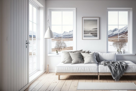 Interior of a white minimalist living room with a wooden floor a sofa frames and a window with a view of a white landscape. Nordic interior designの素材