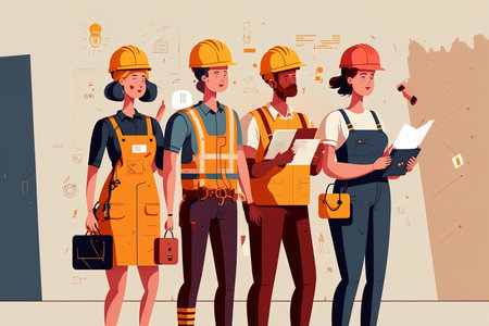 Concept of builders and the building sector. Standing with tools and paperwork are young cartoon characters doing construction work while wearing helmets and work attire. a representationの素材