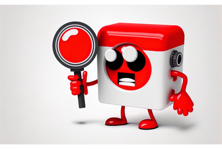 On a white background a red map pointer target pin figure mascot is holding a contemporary digital cameraの素材