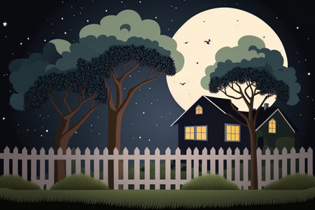 Fenced in backyard at night with grass and trees. Vacant suburban home yard garden or park in a cartoon. grass in the summertime with stars in the night skyの素材