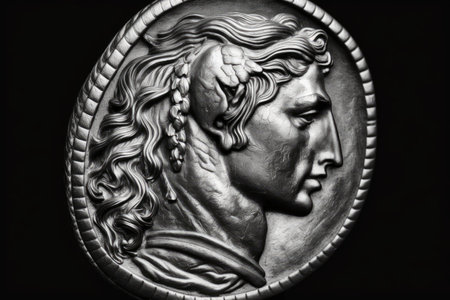 Head of Alexander the Great on a 290 BC Lysimachus ancient Greek coin. Old uncommon silver tetradrachm isolated on black macro. Ancient history rare coin and the idea of Hellenistic Greeceの素材