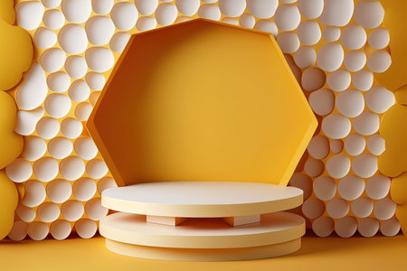 Honeycomb stage platform backdrop or healthy nature stage platform backdrop with organic summer beauty beehive yellow scene showcase. Honeycomb background product podium display standの素材