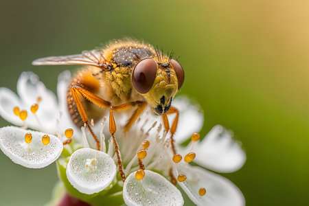 Shot of a golden dung fly sitting on white flowers in close up macro with a water droplet on its tongueの素材