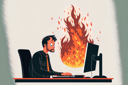 Man burns out at work after long hours. Guy in the workplace is seated next to the computer table. person unhappy overworked image created by hand and set on a white background. cartoonishly flの素材