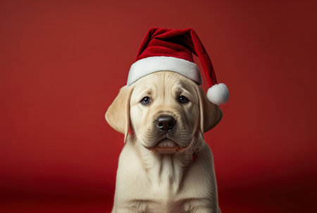 Isolated on a red backdrop a cute labrador retriever puppy is celebrating Christmas while sporting a santa hatの素材