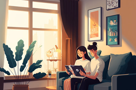 In the living room of a new home a happy young gorgeous Asian couple uses a tablet to browse online for furnishings and decorations. Online idea of a young married person moving houseの素材