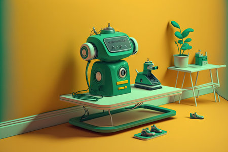 Robotics smart home concept. Robot ironer housework assistant with steam iron on the board. yellow wall green floor room backgroundの素材