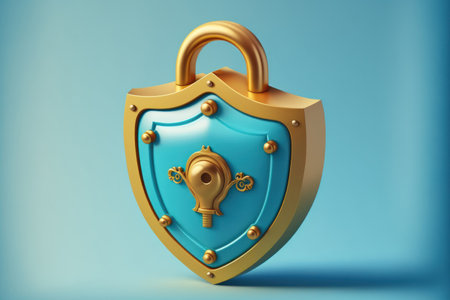 Lock with key and shield of protection. Internet and networking idea for cyber security. shield like object with a lock. privacy and security. Isolated realistic cartoon emblem on a blue backdropの素材