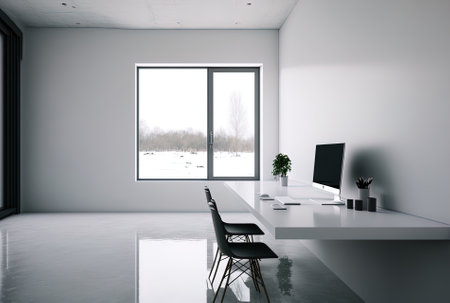 View from the side of a spacious studio area with a large window a couch a dining table with a laptop a cabinet a white wall chairs and a concrete floor. minimalist design principleの素材