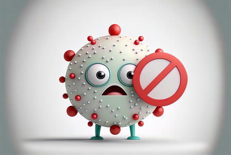 Cute Virus Cartoon With Illustration of a Stop Sign. End the virus. White Isolated Health And Medical Icon Concept. For use in web landing pages banners stickers and other printed materials flat cの素材