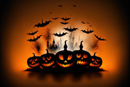 Conceptual vertical backdrop for the Halloween festival Vertical heaps of jack o lantern pumpkins with fire smokeの素材