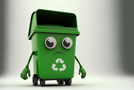 On a white backdrop a recycle sign with a green garbage can figure mascot serves as a template for your design.の素材