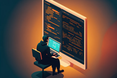 IT revolution and the development of software. software development for computers. Programmer using a virtual computer screen to work on JavaScript code. computer programming technologyの素材