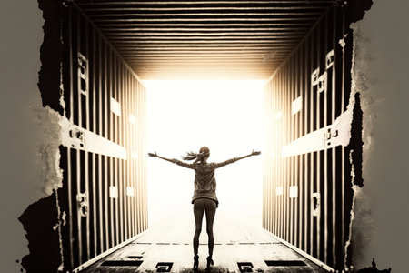 Success logistics transportation business success woman manager cargo container display hand up indise enormous cargo success ideaの素材