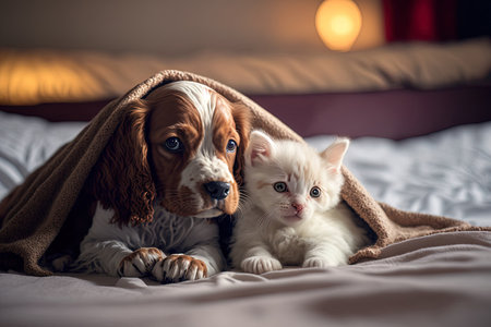 Young English Cocker puppy gives kitten a hug. On a bed at home pets coexist under a white cozy blanketの素材