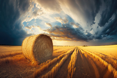 panorama of a rural natural setting. Golden straw on a wheat field after harvesting in the beams of the setting sun against a cloudy skyの素材