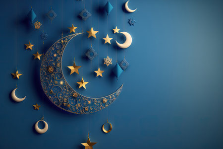 Shiny moons and stars are hung on a blue background to commemorate the holy month of Ramadan in the Muslim communityの素材