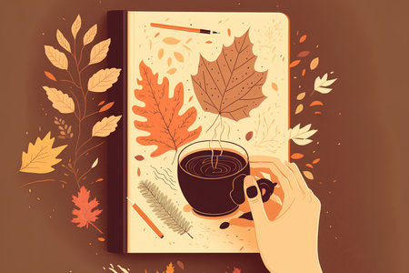 Warm autumnal design including a hand holding a branch with a chestnut leaves changing color berries a notepad a pen and a cup of hot liquid. The hygge vibe of autumn anime style flat textured aの素材