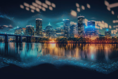 Panoramic view of the Potomac River and the city skyline of Washington as it faces the business district of Arlington. Virginia. Holographic artificial intelligence concept. Robotics artificial intelの素材