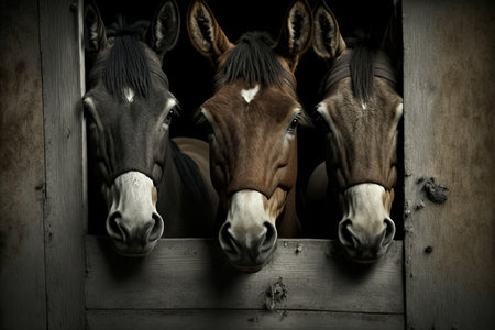 Three In the farm a horse or donkey. Brown heads of a couple In the stall is a horse or a donkey. A third person who loves horses or donkeys. notion of a pet love triangle. love the idea of a third pの素材
