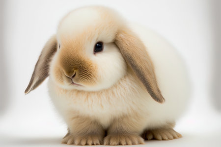 White newborn Holland lop rabbit standing alone in front of a white backdrop. Lovely movement by the juvenile rabbitの素材