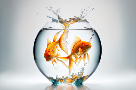 Two goldfish swimming in a fishbowl with a leaping splash on a white backdrop. taken using a 5D Mark III in a studioの素材