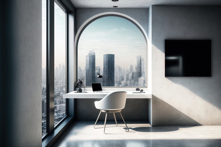 White walls a concrete floor a white computer desk with seats for guests and a window with a fuzzy cityscape make up the interior of a panoramic CEO office. The left wall is a mockupの素材