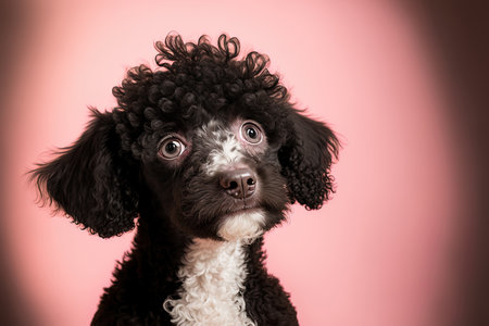 Small fluffy puppy staring up against a pink background. Cute little black and white dog portrait with brown eyes and curly hair. female small poodle harlequin. selective attention. Copy spaceの素材