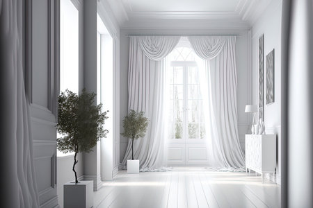White minimalist home with a hardwood floor decorations on a big wall and a white scene outside a window covered with drapes. Interior scenery Nordic interior designの素材