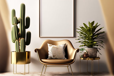 Retro living room decor includes a chic vintage chair and table plants cacti personal items and a gold poster mockup frame on a beige wall. chic interior design. Templateの素材