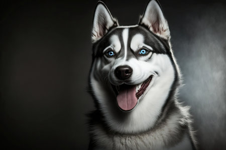 Siberian Husky dog with pointed ears amusing Husky dog grinning and laughing eyes and adorable enthusiastic canine emotions. Gray and white Siberian husky dog with a sardonic expression playing aroの素材