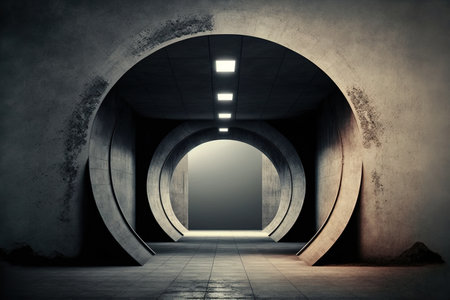 contemporary subterranean stage with corridor tunnel architectural design with a heavy iron industrial on a concrete and cement floorの素材