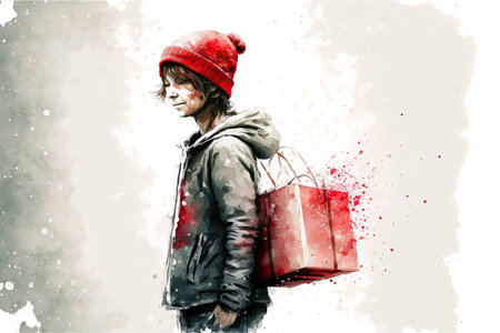 youngster wearing a red hat and a smile. carrying a present for Christmas. Concept of Christmas on a white backdropの素材