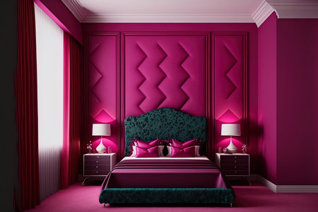 The popular hue of 2023 in the luxurious wealthy bedroom is viva magenta. Mockup wall with red burgundy and crimson colored furniture. contemporary interior room design. emphasize modern styleの素材