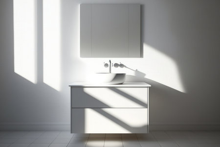 a bathroom with morning sunlight and shadow and an empty white vanity counter with a ceramic sink and contemporary style faucet. Mockup blank space for product display. Wall tiles are the backgroundの素材