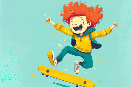 Young tall adorable amused amusing smiling casually Asian energetic red haired boy jumps in the air on skateboard while dressed in fashion with a yellow sweatshirt blue pants and sneakers. an ivoryの素材
