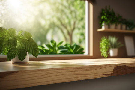 background of a wood table and a window with light build a blurred indoor green plant foreground and a leaf shadow on the wall. panorama banner mockup with warm lighting for product showcaseの素材