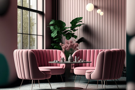 pink armchairs positioned next to a round table. massive columns and windows. Pink sofas in a modern restaurant interiorの素材